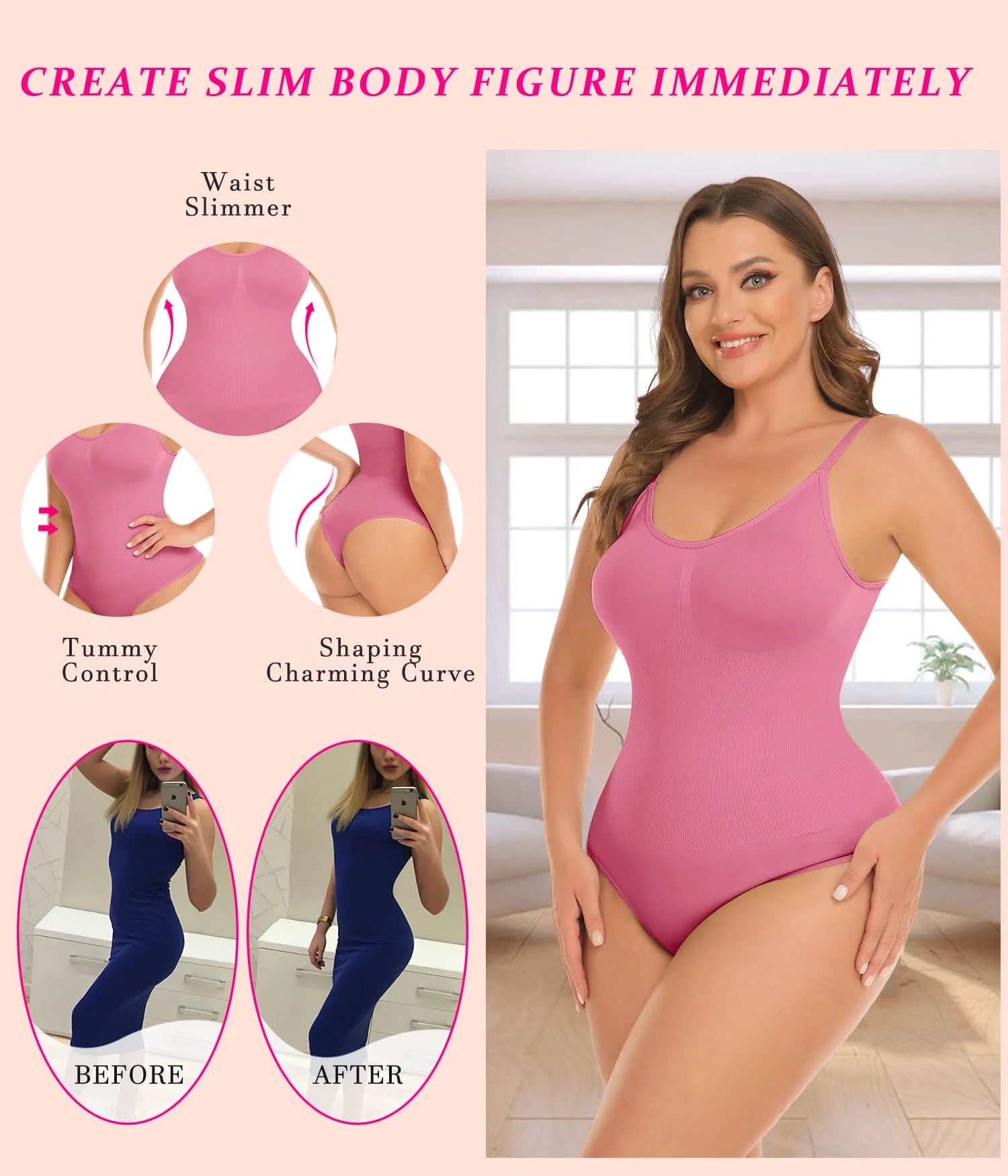 3 Packs Women Slimming Bodysuits Shapewear Tops Tummy Control Thong Body Shaper Spaghetti Strap Camisole