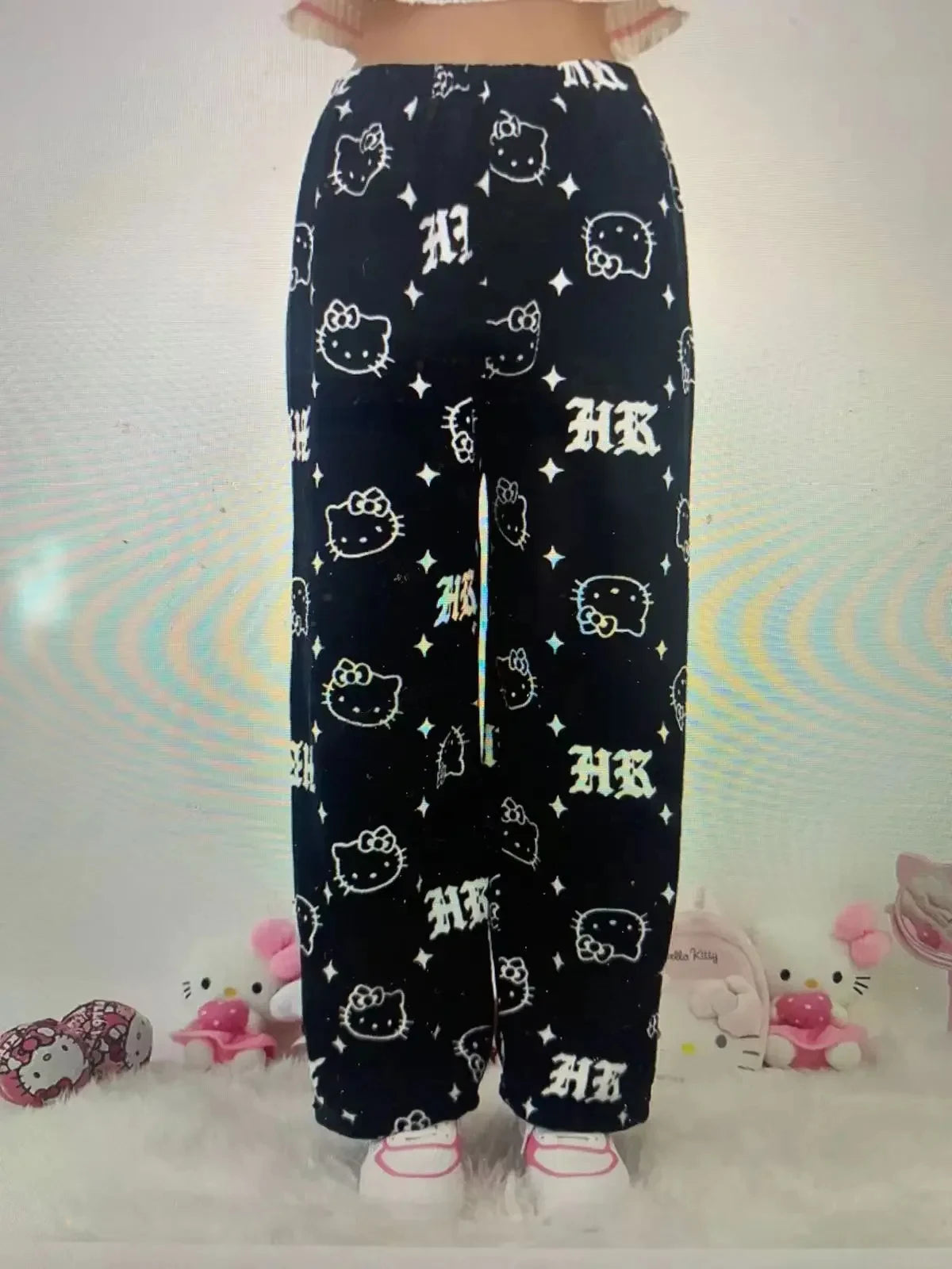 Anime Sanrioed Hellokitty Y2K Sanrioed Pajamas Pants Women Pjs Halloween Household Dress Kawaii Woolen Cartoon Casual Home Pants