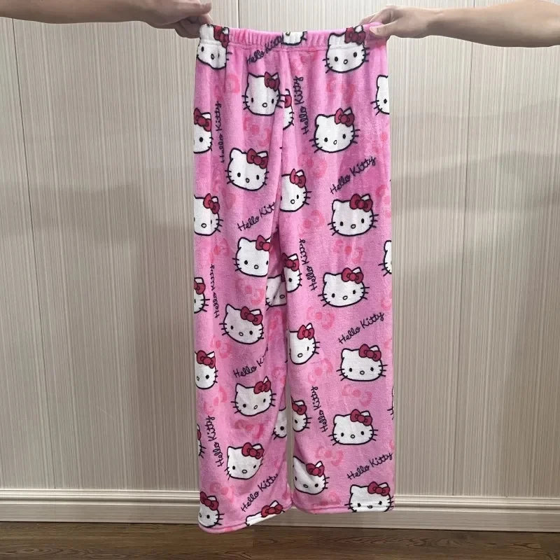 Anime Sanrioed Hellokitty Y2K Sanrioed Pajamas Pants Women Pjs Halloween Household Dress Kawaii Woolen Cartoon Casual Home Pants